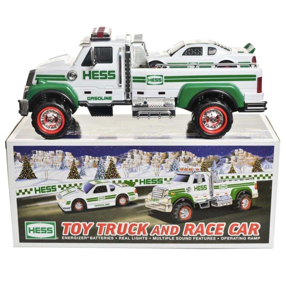 Hess Toy Truck 2011 Transporter Race Car Motorized Lights Sounds Set NWT